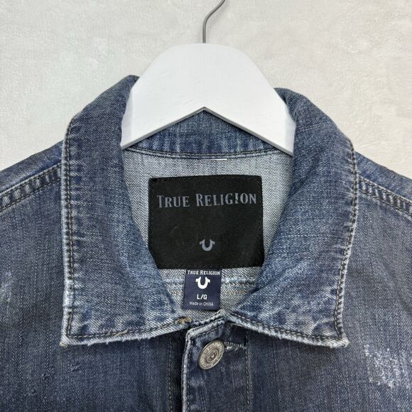 TRUE RELIGION Dylan Distressed Denim Trucker Jacket Flap Pockets Indigo Mens L - Picture 10 of 12